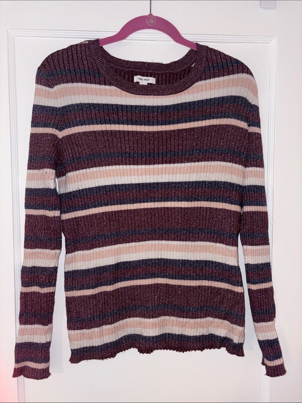 Nine West Sparkly Striped Ribbed Crewneck Sweater